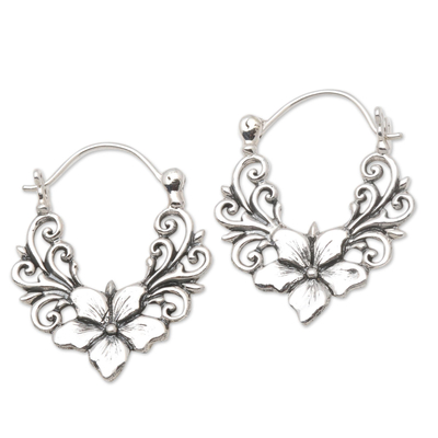 Sterling silver hoop earrings, 'Single Jepun' - Sterling Silver Flower Hoop Earrings Crafted in Bali