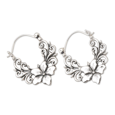 Sterling silver hoop earrings, 'Single Jepun' - Sterling Silver Flower Hoop Earrings Crafted in Bali
