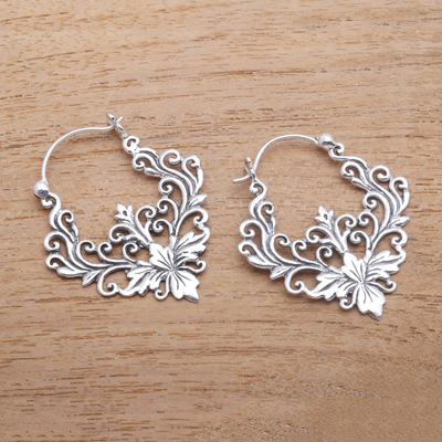 Sterling silver hoop earrings, 'Tendril Trellis' - Intricate Tendril Sterling Silver Hoop Earrings from Bali