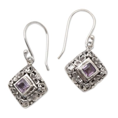 Amethyst dangle earrings, 'Floral Block' - Amethyst Dangle Earrings with Floral Patterns from Bali