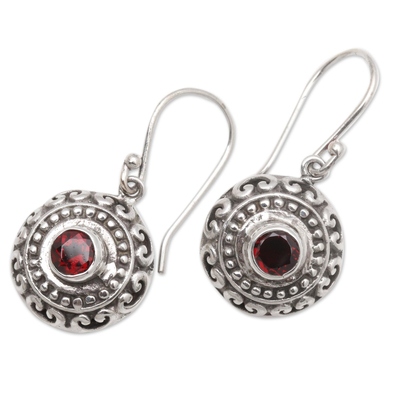 Garnet dangle earrings, 'Shield Charm' - Round Garnet Dangle Earrings Crafted in Bali