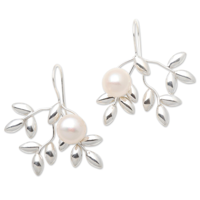 Cultured pearl drop earrings, 'Ripe' - Leafy Cultured Pearl Drop Earrings from Bali