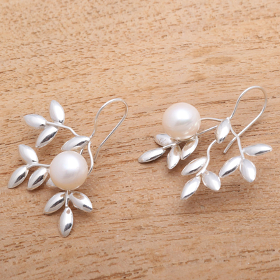 Cultured pearl drop earrings, 'Ripe' - Leafy Cultured Pearl Drop Earrings from Bali