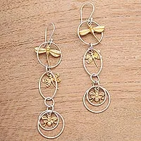 Gold accented sterling silver dangle earrings, 'Golden Bugs' - Bug-Themed Gold Accented Sterling Silver Dangle Earrings