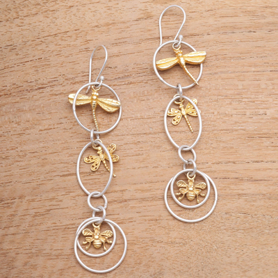 Gold accented sterling silver dangle earrings, 'Golden Bugs' - Bug-Themed Gold Accented Sterling Silver Dangle Earrings