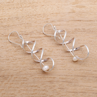Cultured pearl dangle earrings, 'Never-Ending Spiral' - Spiral Cultured Pearl Dangle Earrings from Bali