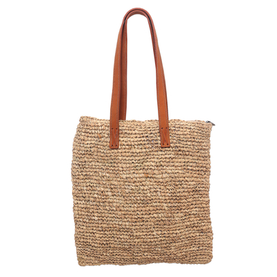 Leather accented natural fiber tote, 'Natural Rectangle' - Leather Accented Natural Fiber Tote from Java