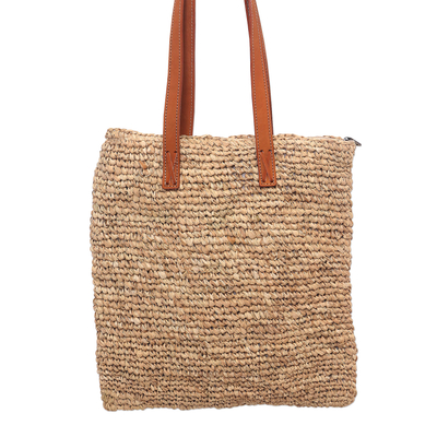 Leather accented natural fiber tote, 'Natural Rectangle' - Leather Accented Natural Fiber Tote from Java
