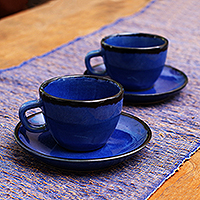 Tazas y platillos de cerámica, 'Relaxing Blue' (par) - Tazas y platillos de cerámica azul de Bali (Pareja)