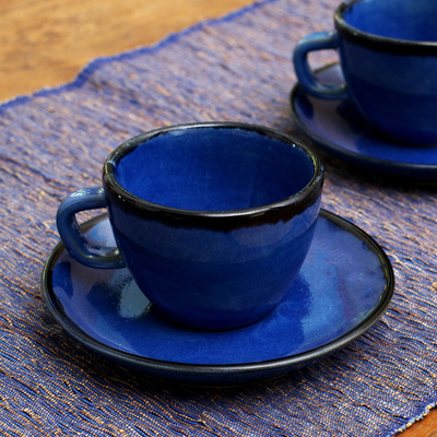 Ceramic cups and saucers, 'Relaxing Blue' (pair) - Blue Ceramic Cups and Saucers from Bali (Pair)