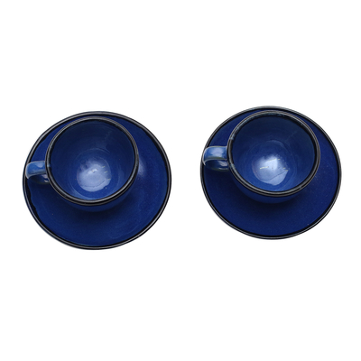 Ceramic cups and saucers, 'Relaxing Blue' (pair) - Blue Ceramic Cups and Saucers from Bali (Pair)