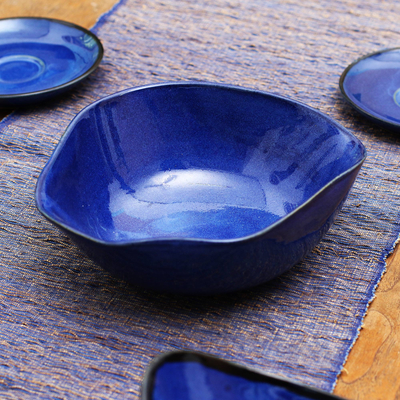 Ceramic serving bowl, 'Wavy Blue' - Wavy Blue Ceramic Bowl Handcrafted in Bali