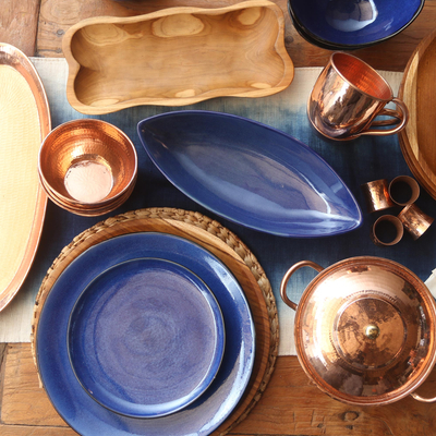 Ceramic serving bowl, 'Cobalt Cuisine' - Long Blue Ceramic Serving Bowl Crafted in Bali