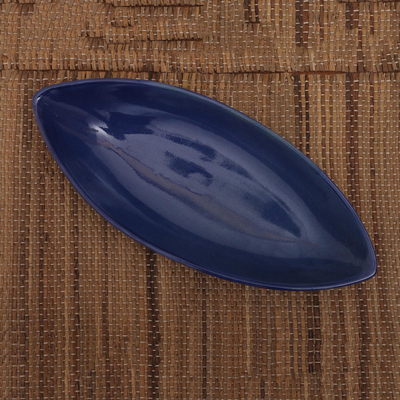 Ceramic serving bowl, 'Cobalt Cuisine' - Long Blue Ceramic Serving Bowl Crafted in Bali