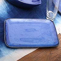 Plato de cerámica, 'Blue Field' - Plato de cerámica rectangular azul de Bali