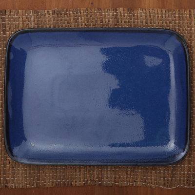 Plato de cerámica - Fuente rectangular de cerámica azul de Bali