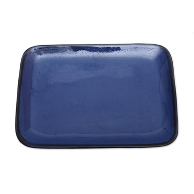 Ceramic platter, 'Blue Field' - Blue Rectangular Ceramic Platter from Bali
