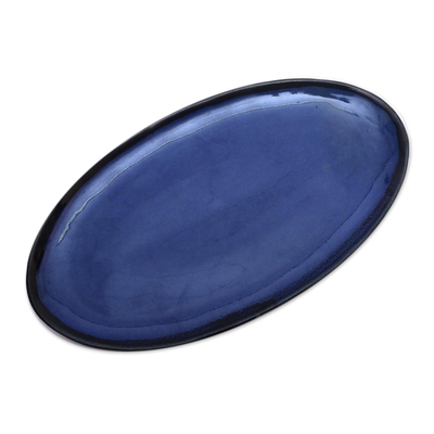 Ceramic platter, 'Wide Oval' - Blue Oval Ceramic Platter Crafted in Bali