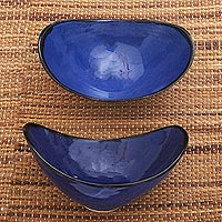 Long Blue Ceramic Serving Bowls from Bali (Pair),'Blue Canoes'