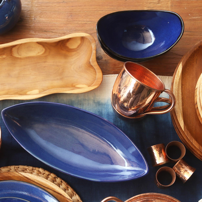 Ceramic serving bowls, 'Cobalt Cuisine' (pair) - Long Blue Ceramic Serving Bowls from Bali (Pair)