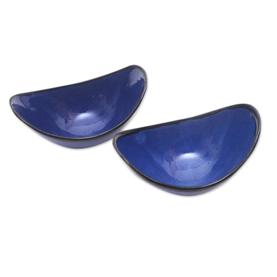 Cuencos de cerámica para servir, 'Cobalt Cuisine' (pareja) - Cuencos para servir largos de cerámica azul de Bali (par)