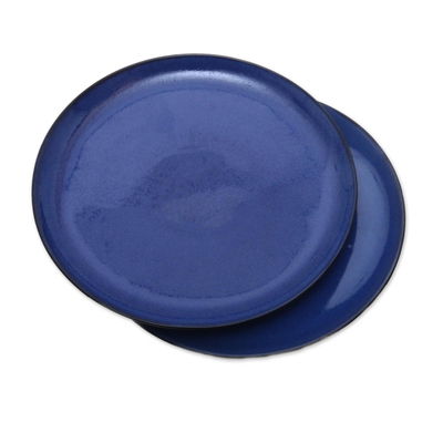 Ceramic dinner plates, 'Cobalt Cuisine' (pair) - Blue Ceramic Plates Handcrafted in Bali (Pair)