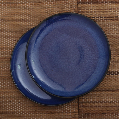 Platos de ensalada de cerámica, 'Cobalt Cuisine' (pareja) - Platos de ensalada de cerámica azul elaborados en Bali (par)