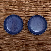Cuencos de cerámica, 'Round Blue' (par) - Cuencos de cerámica azul hechos a mano en Bali (par)