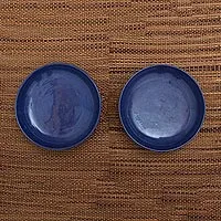 Ceramic bowls, 'Round Blue' (pair) - Blue Ceramic Bowls Crafted in Bali (Pair)