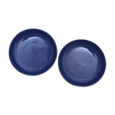 Ceramic bowls, 'Round Blue' (pair) - Blue Ceramic Bowls Crafted in Bali (Pair)