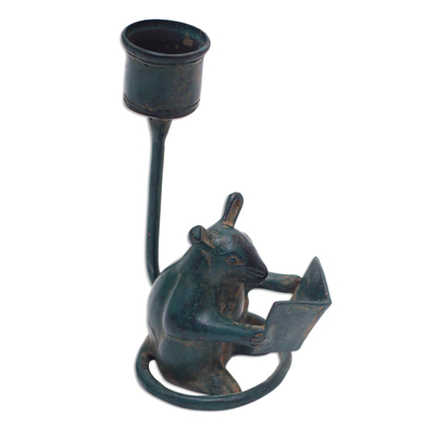 Bronze candle holder, 'Studious Mouse' - Antiqued Candle Holder Bronze Mouse Figurine from Bali