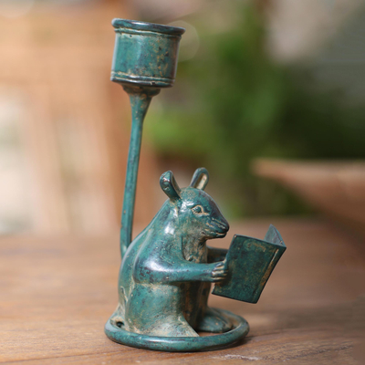 Bronze candle holder, 'Studious Mouse' - Antiqued Candle Holder Bronze Mouse Figurine from Bali