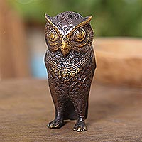 Bronze figurine, 'Gleaming Owl' - Antiqued Bronze Owl Figurine Crafted in Bali