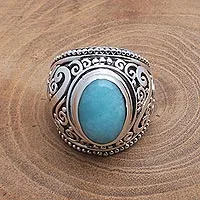 Amazonite cocktail ring, 'Misty Temple' - Oval Amazonite Sterling Silver Scroll Motif Cocktail Ring