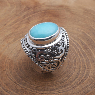 Amazonite cocktail ring, 'Misty Temple' - Oval Amazonite Sterling Silver Scroll Motif Cocktail Ring