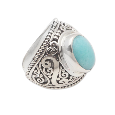 Amazonite cocktail ring, 'Misty Temple' - Oval Amazonite Sterling Silver Scroll Motif Cocktail Ring