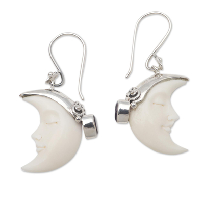 Amethyst dangle earrings, 'Sleeping Moon in Purple' - Moon and Amethyst Sterling Silver Dangle Earrings