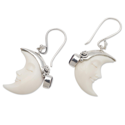 Amethyst dangle earrings, 'Sleeping Moon in Purple' - Moon and Amethyst Sterling Silver Dangle Earrings
