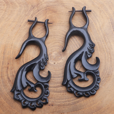 Horn hoop earrings, 'Intricacy Unfurled' - Hand Carved Dark Brown Water Buffalo Horn Hoop Earrings