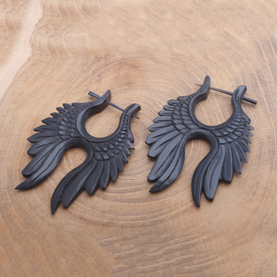Horn hoop earrings, 'Magnificent Flight' - Hand Carved Water Buffalo Horn Wing Motif Hoop Earrings