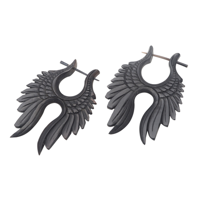 Horn hoop earrings, 'Magnificent Flight' - Hand Carved Water Buffalo Horn Wing Motif Hoop Earrings