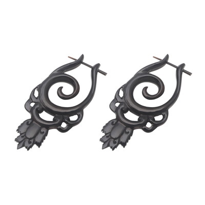 Water buffalo horn hoop earrings, 'Elegant Scroll' - Hand Carved Water Buffalo Horn Elegant Swirls Hoop Earrings