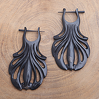 Horn hoop earrings, 'Graceful Fanfare' - Hand Carved Water Buffalo Horn Shell Motif Hoop Earrings