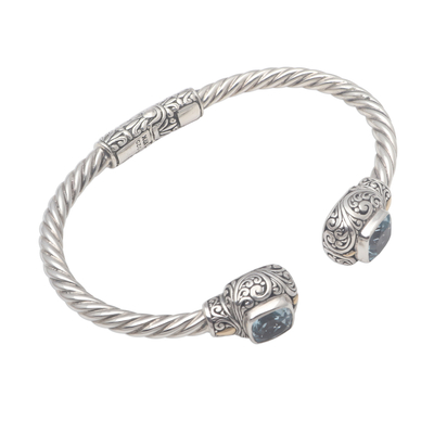 Gold accented blue topaz cuff bracelet, 'Twin Lagoons' - Gold Accented Rope Pattern Blue Topaz Cuff Bracelet