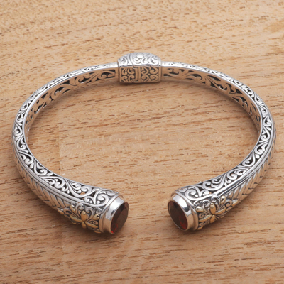 Gold accented garnet cuff bracelet, 'Maroon Jungle' - Weave Pattern Gold Accented Garnet Cuff Bracelet from Bali