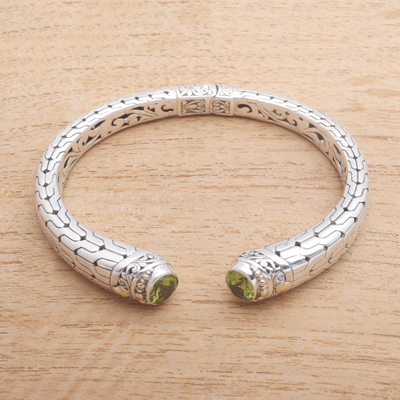 Gold accented peridot cuff bracelet, 'Bold Pattern' - Intricate Pattern Gold Accented Peridot Cuff Bracelet