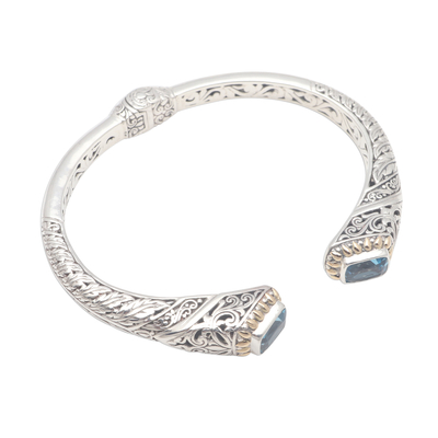 Gold accented blue topaz cuff bracelet, 'Leafy Oceans' - Gold Accented Leaf Pattern Blue Topaz Cuff Bracelet