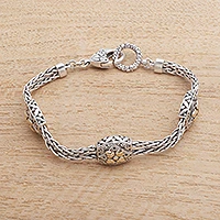 Gold accented sterling silver station bracelet, 'Floral Isles' - Floral Gold Accented Sterling Silver Station Bracelet