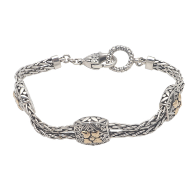 Gold accented sterling silver station bracelet, 'Floral Isles' - Floral Gold Accented Sterling Silver Station Bracelet