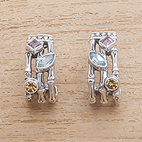 Multi-gemstone half-hoop earrings, 'Bamboo Glitter' - Gold Accent Multi-Gemstone Bamboo Half-Hoop Earrings